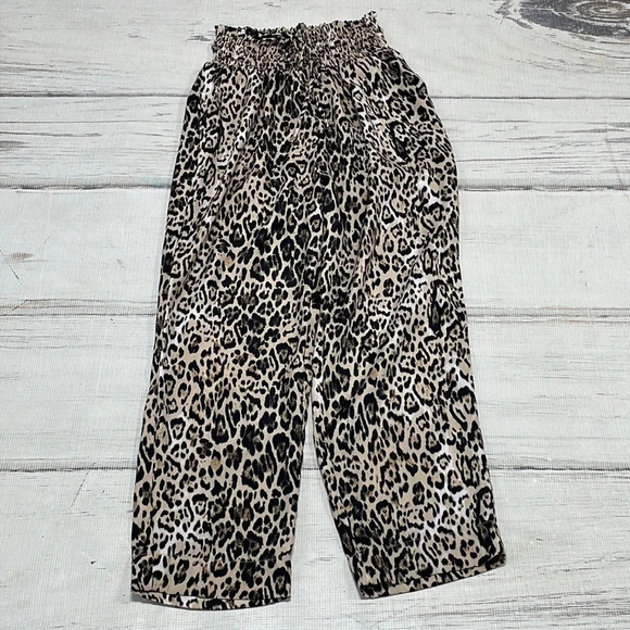 WAYF Pants Elastic Waist Flowy Cheetah Print Brown Black Size Medium M - Picture 3 of 11